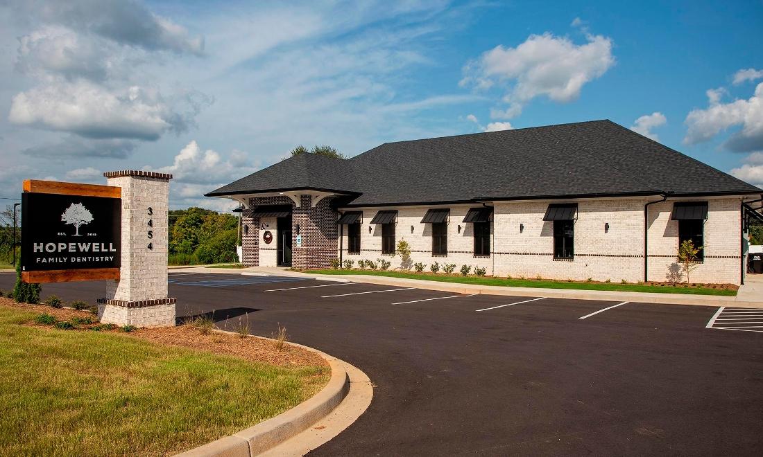 Entrance and parking lot at Hopewell Family Dentistry