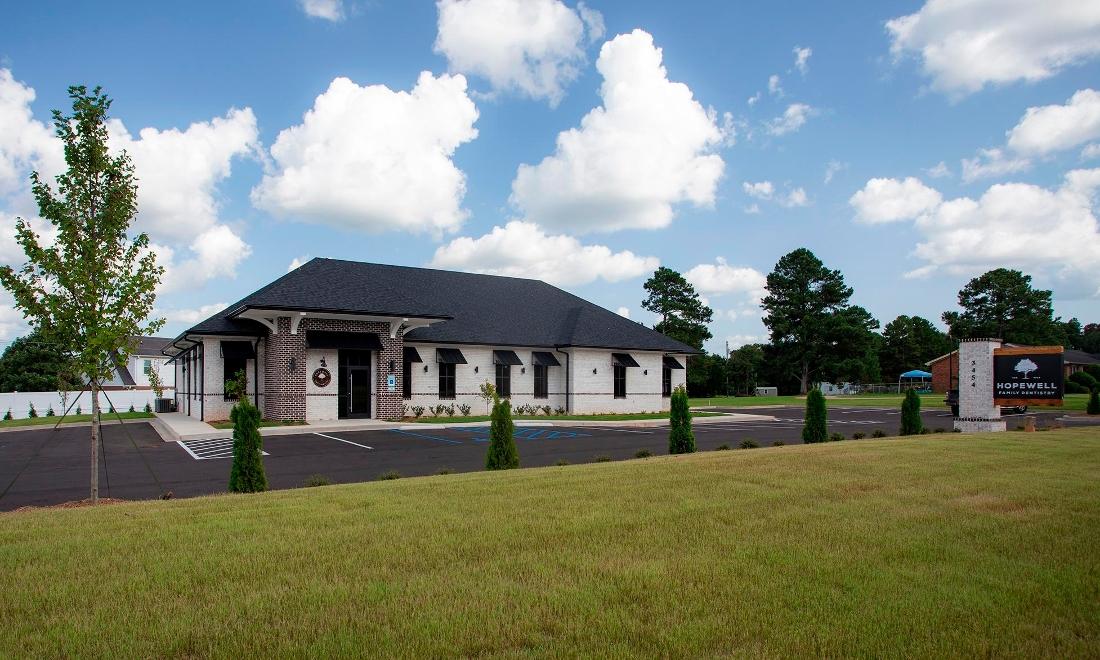 Front door and parking lot for Hopewell Family Dentistry